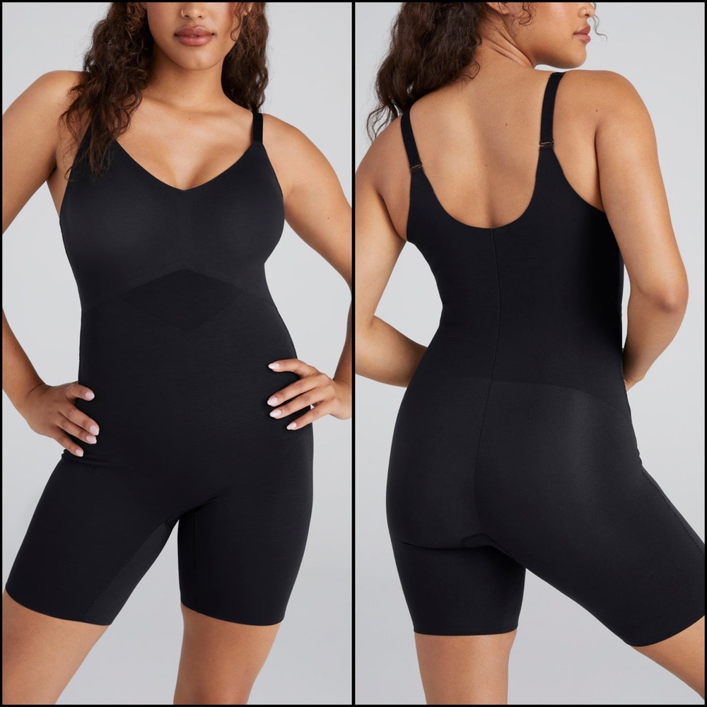 NWT Honeylove Mid-Thigh Bodysuit VAMP Black On Black Shapewear Small